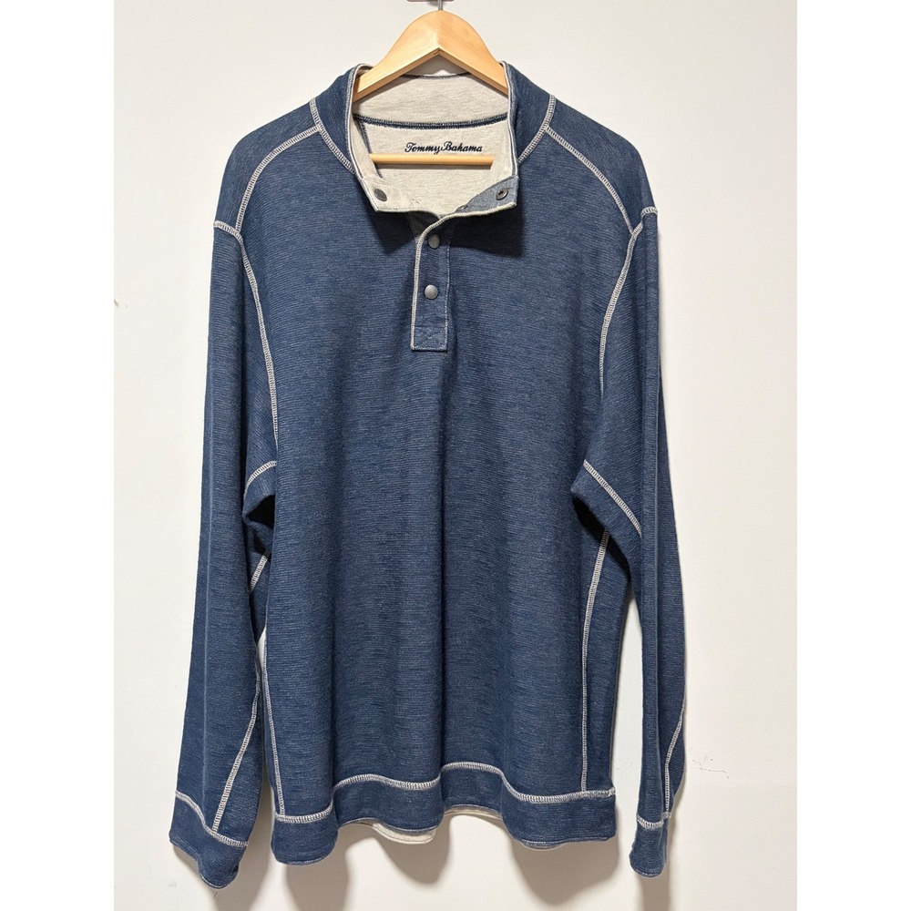 Tommy Bahama Fliprider Reversible Sweatshirt Blue Oatmeal Mens Snap Mock Neck